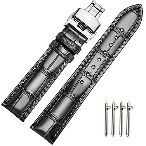 MUENShop Uhrenarmband mit faltschließe Leder Schnellverschluss Echtleder Armband für 18mm-24mm Schwarz Braun Blau Grün Kalbsleder Ersatz für Herren/Damen von MUENShop