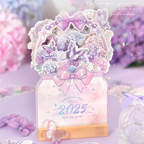 MUMQAQ Bloomy Flowers Tischkalender 2025, floraler Schreibtischkalender mit Holzsockel, kreative, abnehmbare Vase, Monatskalender, Planer für Zuhause, Büro, Schule von MUMQAQ