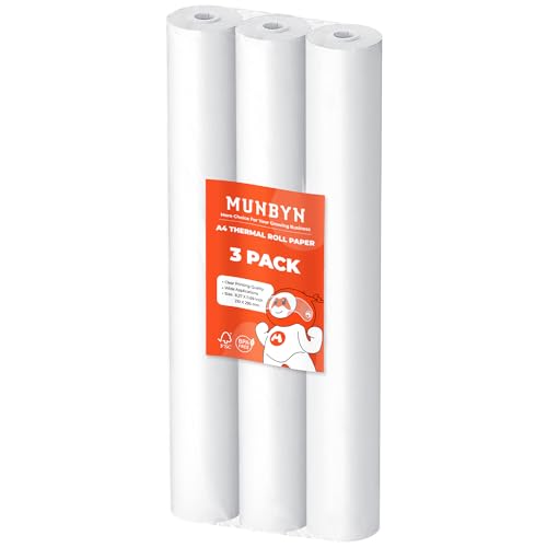 MUNBYN Thermopapier A4 für ITP01/ ITP04, 3 Rollen Thermo Druckerpapier 210 x 297mm, Thermo Printer Paper A4 Kompatibel mit MUNBYN Thermal Printer A4, Weiß von MUNBYN