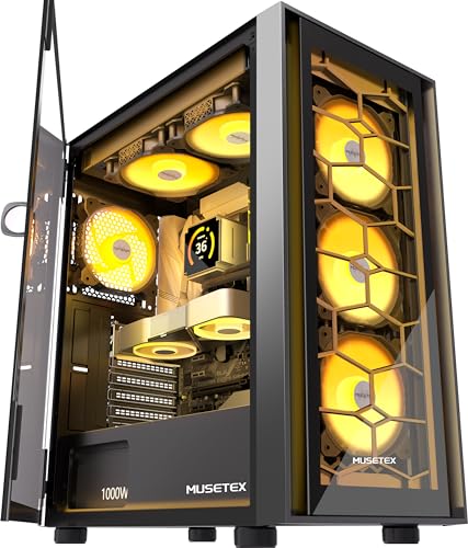 MUSETEX PC Gehäuse ATX, 6 PWM ARGB Lüfter vorinstalliert ATX Gehäuse, Computergehäuse mit zu öffnender Hartglastür, Mid Tower Gaming PC Gehäuse, USB 3.0 x 2, Schwarz, G07 von MUSETEX