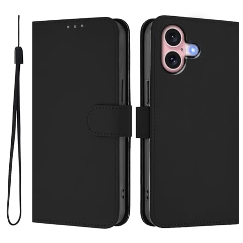 Hüllen für iPhone 16 Schwarz, Bumper Lederhülle Portemonnaie Kartenfach Standfunktion Klappbar Flip Case PU Leder Handyhülle Stoßfeste Magnetische Tasche Kratzfest kompatibel mit Apple Phone 16 von MXFDOKD