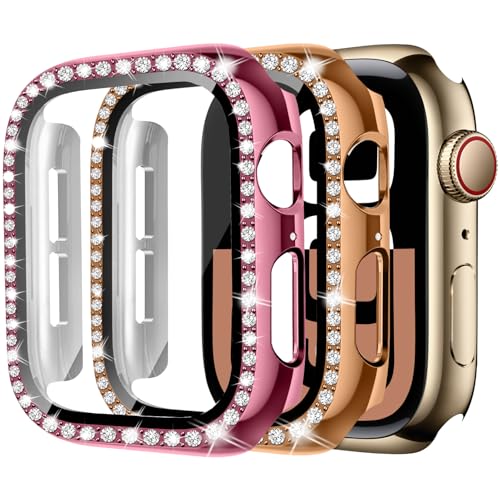 2 Stück Bling Hülle für Apple Watch Schutzhülle 44mm für Damen,Harte PC Diamant Glitzer vollständiger Schutz Displayschutz für iWatch Serie 10 9 8 7 6 5 4 SE,05-Pink/Rosegold von MYAPULUA