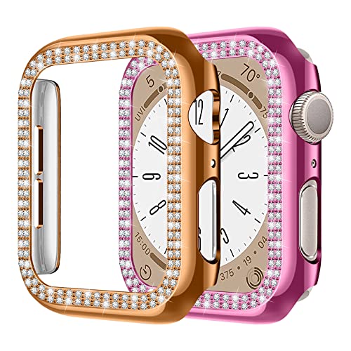 2 Stück Hülle kompatibel für Apple Watch 40mm 44mm 41mm 45mm,glänzender Diamant Kristall Strass Schutzrahmen für iWatch 8 7 6 5 4 SE Damen Mädchen,Roségold+Rosa von MYAPULUA