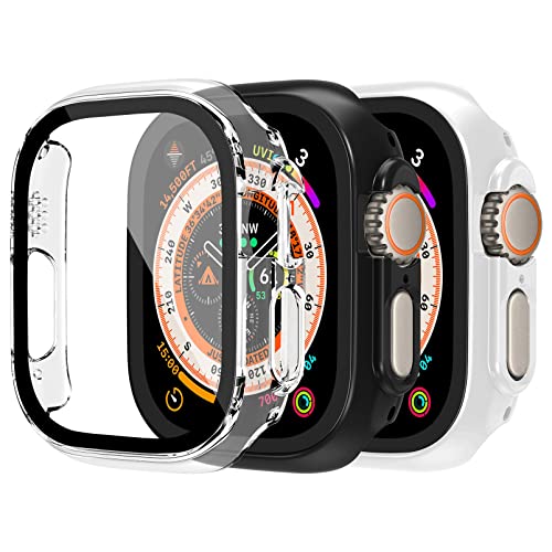3 Stück Harte PC Hülle kompatibel für Apple Watch Ultra 49mm Schutzhülle Bumper mit ultradünnem HD-Displayschutz aus gehärtetem Glas, kratzfestes Uhrenzubehör für iWatch Ultra von MYAPULUA