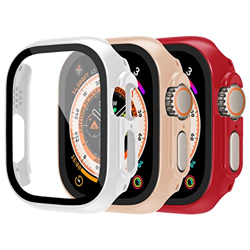 3 Stück Harte PC Hülle kompatibel für Apple Watch Ultra 49mm Schutzhülle Bumper mit ultradünnem HD-Displayschutz aus gehärtetem Glas, kratzfestes Uhrenzubehör für iWatch Ultra von MYAPULUA