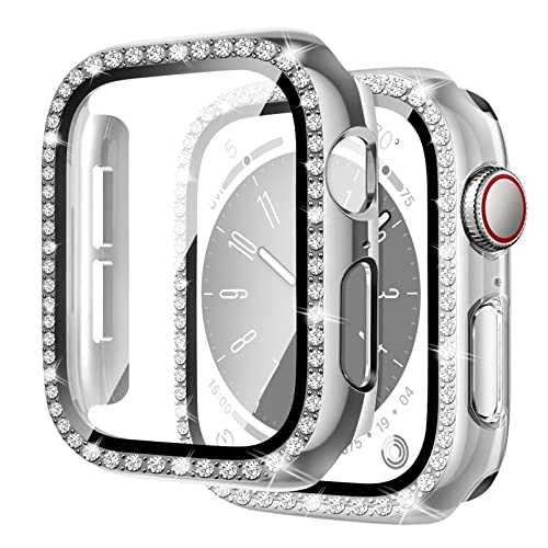 MYAPULUA 2 Stück Bling Hülle kompatibel für Apple Watch 45mm 44mm 41mm 40mm,glänzende Diamanten gehärtetes Glas Displayschutzfolie PC Schutzhülle für iwatch Serie 8 7 6 5 4/SE,silber+transparent von MYAPULUA