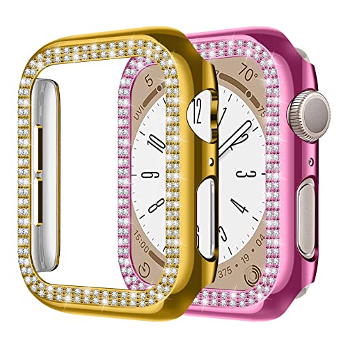 MYAPULUA 2 Stück Hülle kompatibel für Apple Watch 40mm 44mm 41mm 45mm,glänzender Diamant Kristall Strass Schutzrahmen für iWatch 8 7 6 5 4 SE Damen Mädchen,gold+rosa von MYAPULUA