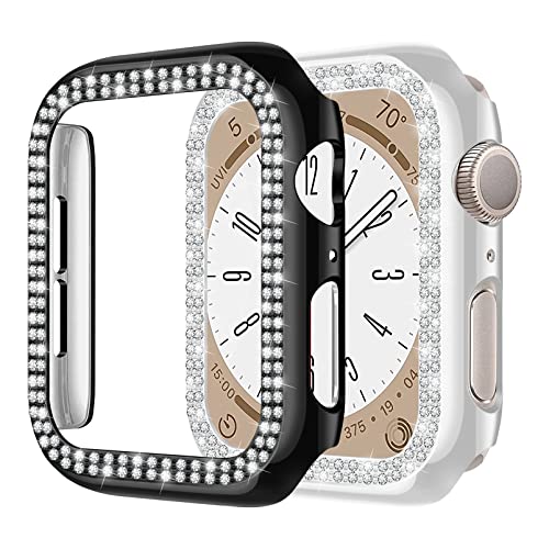 MYAPULUA 2 Stück Hülle kompatibel für Apple Watch 40mm 44mm 41mm 45mm,glänzender Diamant Kristall Strass Schutzrahmen für iWatch 8 7 6 5 4 SE Damen Mädchen,schwarz+silber von MYAPULUA