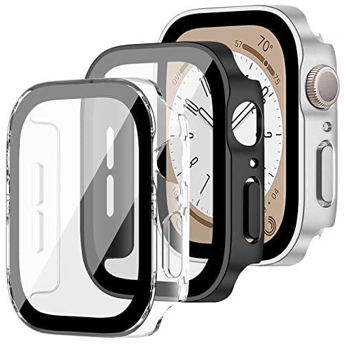 MYAPULUA 3 Stück Hülle Kompatibel für Apple Watch 45mm 41mm 44mm 40mm Hart PC Schutzhülle mit Displayschutz aus gehärtetem Glas Anti-Kratz Protective Cover für iWatch Serie 8 7 6 5 4 SE von MYAPULUA