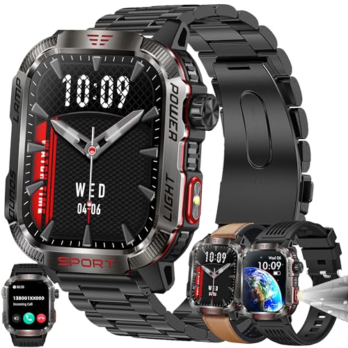 2,01” AMOLED Smartwatch Herren mit Telefonfunktion, Taschenlampe, 600mAh Batterie, 5ATM Smart Watch Aktivitätstracker mit 123 Sportmodi Blutdruck Schrittzähler Armbanduhr für IOS Android (Braun) von MYSHUN