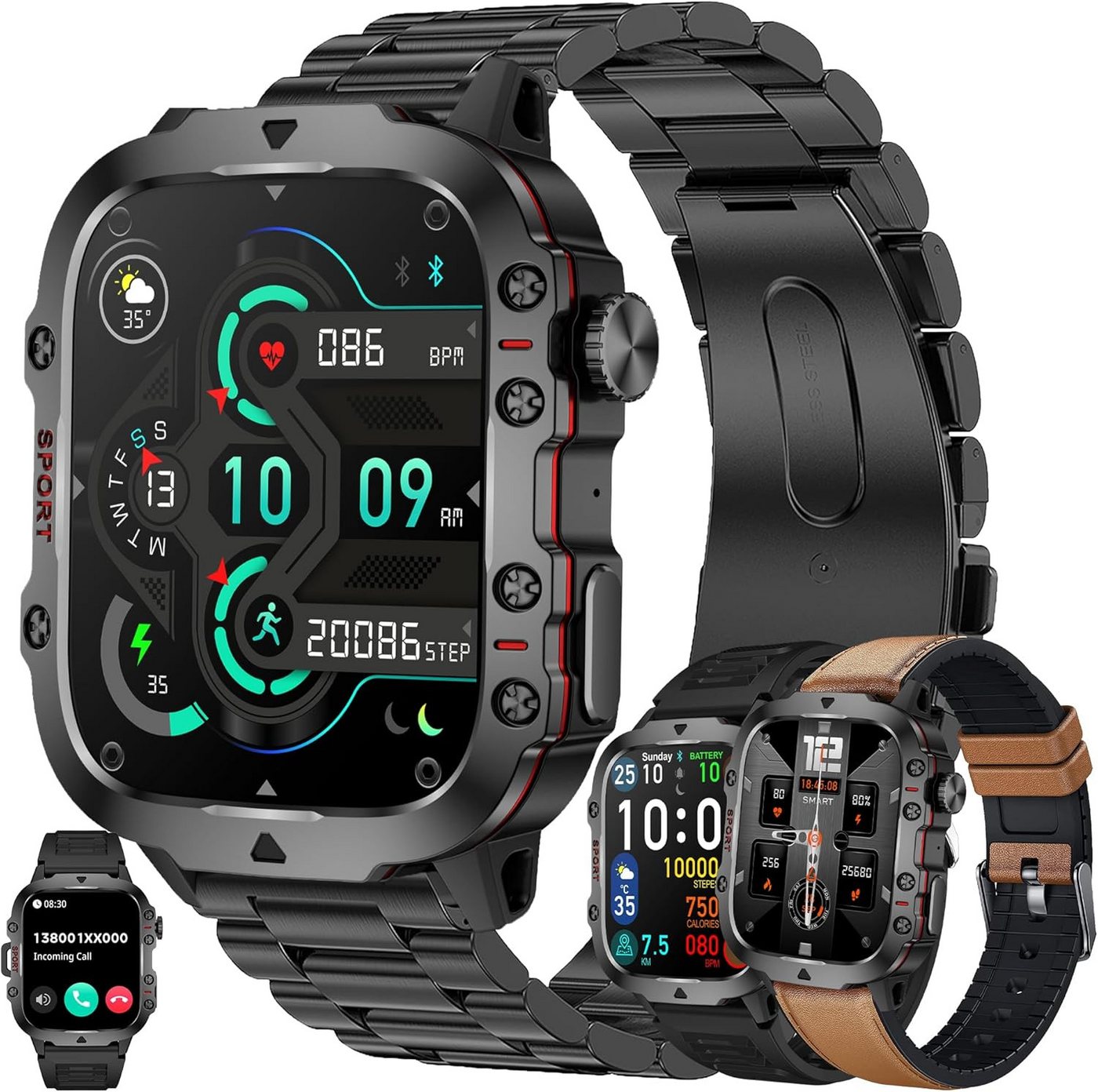 MYSHUN Fur Herren mit Telefonfunktion Fitness Tracker 123 Sportmodi Smartwatch (1.96 Zoll, Android / iOS), mit Schlafmonitor Schrittzähler Aktivitätstracker 5ATM Wasserdicht von MYSHUN