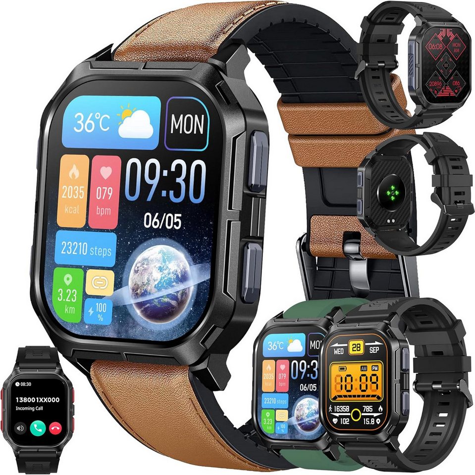 MYSHUN Herren's Telefonfunktion 5ATM Wasserdicht Militär Smartwatch (5,11 cm/2,01 Zoll, Android/iOS), mit austauschbarem weichem Silikonarmband, mit Blutdruckmessung SpO2 123 Sportmodi Aktivitätstracker von MYSHUN