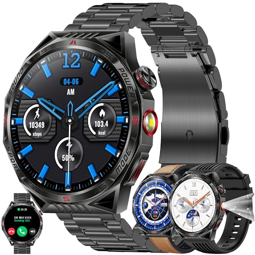 Smartwatch Herren mit Telefonfunktion, Taschenlampe, 1,85” AMOLED 5ATM Rund Smart Watch Aktivitätstracker mit 123 Sportmodi Blutdruck Schlafmonitor Schrittzähler Armbanduhr für IOS Android (Schwarz) von MYSHUN