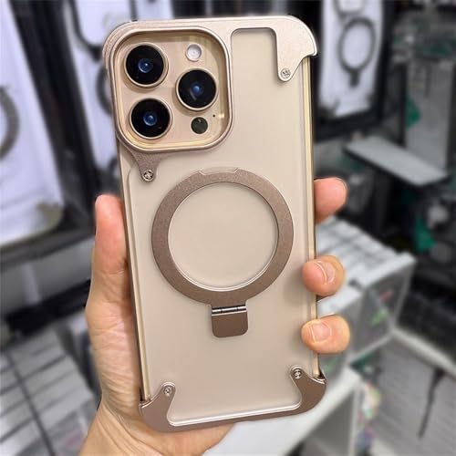 MYSXSWHL Magnethalter aus Aluminiumlegierung, rahmenlose Telefonhülle für iPhone 13 14 15 16 Pro Max Plus, Metalllinsenhülle, mattierte Rückseite, Gold, für iPhone 14 Pro von MYSXSWHL