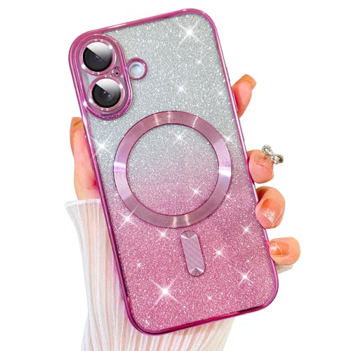 MZELQ Klare Magnetische Hülle für iPhone 16 Plus, Glitzer Farbverlauf Sparkle Design [Kompatibel mit Magsafe Charging] Kameraschutz Weiche Plating Cover für Frauen Mädchen (Rose Purple) von MZELQ