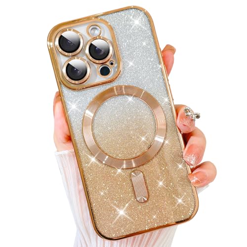 MZELQ Klare Magnetische Hülle für iPhone 16 Pro, Glitzer Farbverlauf Sparkle Design [Kompatibel mit Magsafe Charging] Kameraschutz Weiche Plating Cover für Frauen Mädchen (Gold) von MZELQ