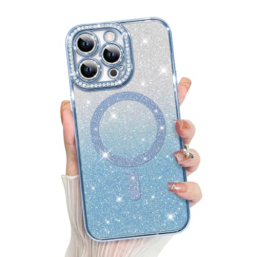 MZELQ Kompatibel mit iPhone 13 Pro Hülle, Plating Magnetic [Unterstützung für Magsafe] Bling Glitzer Sparkly Back Diamond Kamera Objektiv Abdeckung Kristall Matt Luxus Hülle für Mädchen Frauen Blau von MZELQ