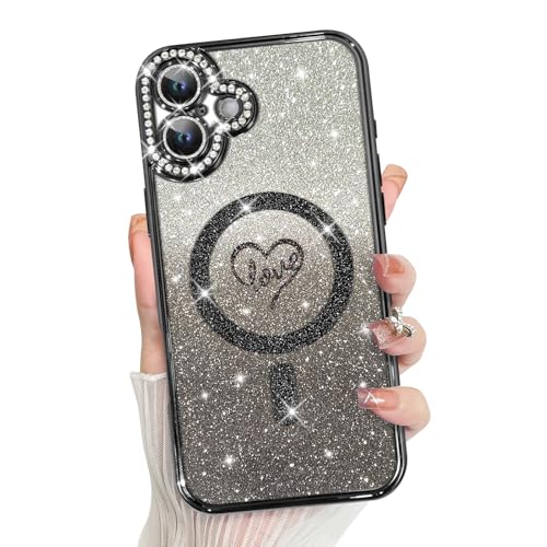 MZELQ Kompatibel mit iPhone 16 Plus Hülle, Plating Magnetic [Unterstützung für Magsafe] Bling Glitter Love Heart Back Diamond Kamera Objektiv Abdeckung Kristall Matt Luxus Hülle für Mädchen Frauen - von MZELQ