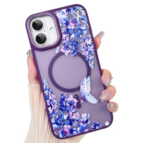 MZELQ Magnetische, transparente Schutzhülle für iPhone 16, Blumen- und Schmetterlingsmuster, kompatibel mit Magsafe-Ladegerät, exquisites Linsendesign, durchscheinend, mattiert, stoßfest, Hartschale von MZELQ