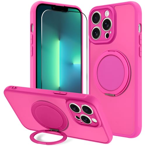 MZELQ Schutzhülle für iPhone 13 Pro Max, kompatibel mit MagSafe, 360° Kickstand, stoßfest, sturzsicher, ultradünn, Kameraschutz, Displayschutzfolie, matte Touch-TPU-Handyhülle, Hot Pink von MZELQ