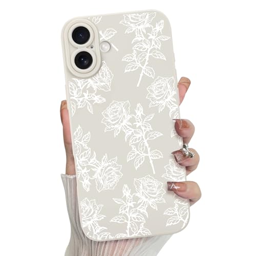 MZELQ Schutzhülle für iPhone 16, Silikon, Blumenmuster, Rose, Sonnenblume, niedliches Muster, Kameraschutz, weiche, schlanke Handyhülle für Handyhülle, Weiß von MZELQ