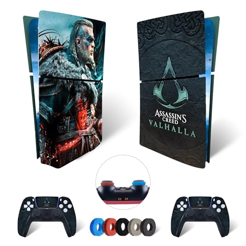 MaD Vision® Extra-Haltbares Skin-Set aus Vinyl für PS5 Disc Slim + 5 Paar Aiming Rings | Kratzfestes Aufkleber-Set für Playstation 5 + 2 Controllers – für Assassin's Creed Valhalla Design von MaD Vision