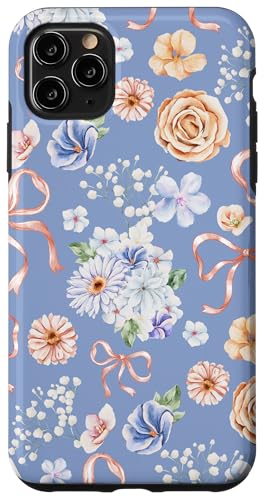 Hülle für iPhone 11 Pro Max Vintages Aquarell-Blumenmuster auf Immergrünblau von Mädchenhaftes Blumenband und Schleifen