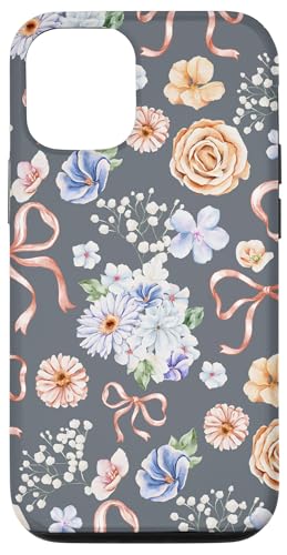 Hülle für iPhone 12/12 Pro Vintages Aquarell-Blumenmuster auf Schiefergrau von Mädchenhaftes Blumenband und Schleifen