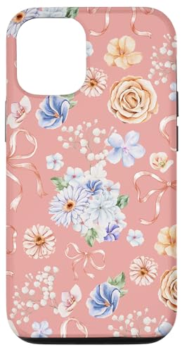 Hülle für iPhone 15 Pro Vintages Aquarell-Blumenmuster auf Korallenrosa von Mädchenhaftes Blumenband und Schleifen