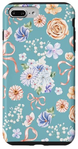 Hülle für iPhone 7 Plus/8 Plus Vintages Aquarell-Blumenmuster auf Türkis-Aquamarin von Mädchenhaftes Blumenband und Schleifen