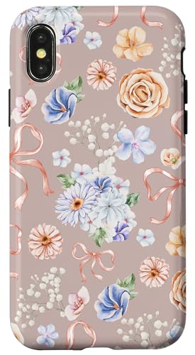 Hülle für iPhone X/XS Vintage-Aquarell-Blumenmuster auf rosa Beige von Mädchenhaftes Blumenband und Schleifen