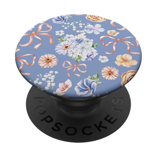 Vintages Aquarell-Blumenmuster auf Immergrünblau PopSockets mit austauschbarem PopGrip von Mädchenhaftes Blumenband und Schleifen