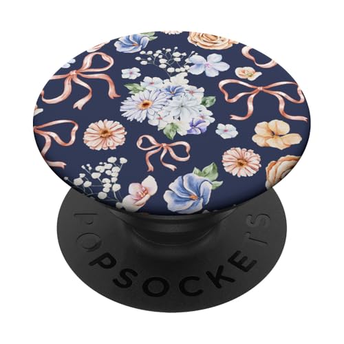 Vintages Aquarell-Blumenmuster auf Marineblau PopSockets mit austauschbarem PopGrip von Mädchenhaftes Blumenband und Schleifen