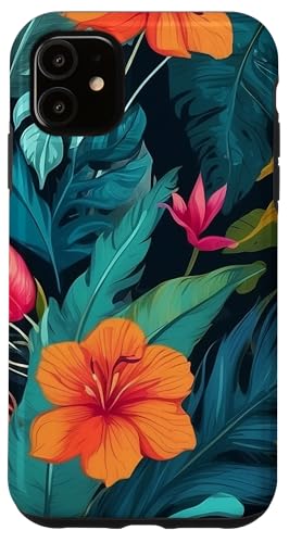 Hülle für iPhone 11 Tropisches Blumendesign, Hibiskusblüten und Blätter von Magic Moments Designs