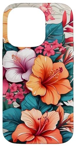 Hülle für iPhone 14 Pro Hibiskusblüten, Blumenbild, Hawaii-Laub von Magic Moments Designs