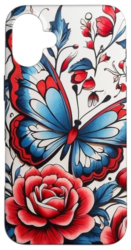 Hülle für iPhone 16 Plus Rot, Weiß & Blau Schmetterling und Rosen von Magic Moments Designs