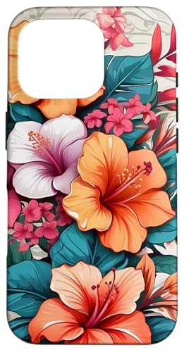 Hülle für iPhone 16 Pro Hibiskusblüten, Blumenbild, Hawaii-Laub von Magic Moments Designs