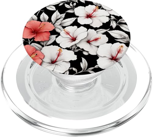 Weiße und rosa Hibiskusblüten auf schwarzem Hintergrund PopSockets PopGrip für MagSafe von Magic Moments Designs