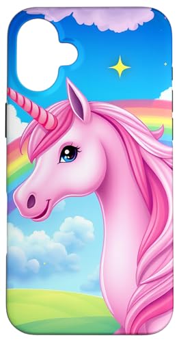 Hülle für iPhone 16 Plus Rosa Einhorn mit pastellfarbenem Regenbogen und Wolken von Magical Rainbow Unicorns for Kids and Adults