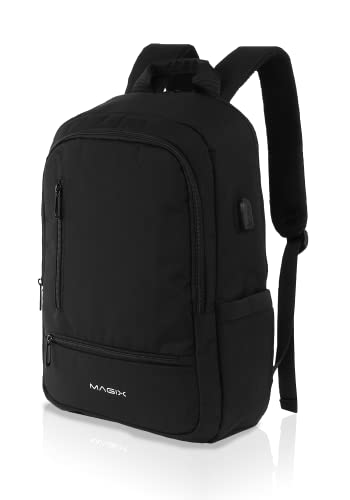 Magix Rucksack Laptop 16" Explorer Schwarz. USB-Ladeanschluss, wasserabweisend, versteckte Tasche, Platz für bis zu 16 Zoll PC, breite Tasche, für Business/Reisen/Schule. Unisex von Magix