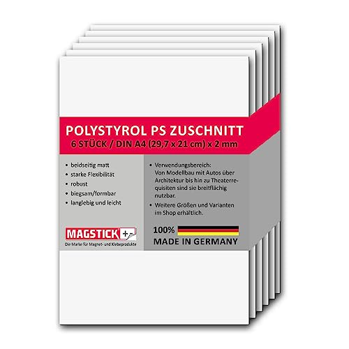 6er Set Polystyrol Platten weiß I DIN A4 Kunststoff-Hartplatten PS Zuschnitte I 21 x 29,7 cm I 2 mm Stärke I für Modellbau Architektur DIY I mag265 von Magstick