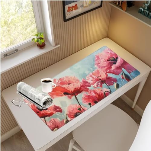 Mauspad XXL Mohn Mauspad 900x400x3 mm, Gaming Mousepad xxl Mauspad Rosa Schreibtischunterlage, Wasserdicht Mouse Pad Groß Rutschfeste Unterseite Desk Mat Gaming Home, Office, Geschenke für Frauen M922 von Mahoxua