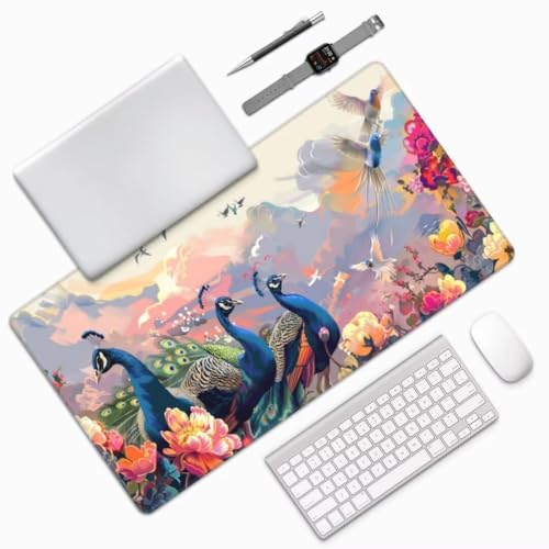 Mauspad XXL Pfau Mauspad 1500x600 mm, Gaming Mousepad xxl Mauspad Blume Schreibtischunterlage, Wasserdicht Mouse Pad Groß Rutschfeste Unterseite Desk Mat Gaming Home, Office, Geschenke für Frauen M142 von Mahoxua