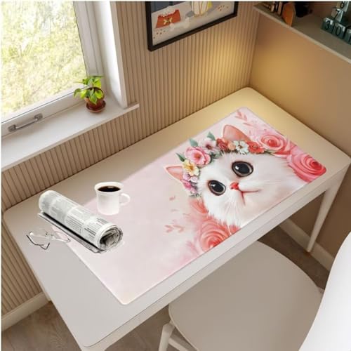 Mauspad XXL Weiße Katze Mauspad 1500x600x3 mm,Gaming Mousepad XXL Mauspad Niedlich Schreibtischunterlage,Wasserdicht Mouse Pad Groß rutschfeste Unterseite Desk Mat Gaming Zubehör für Office Home M728 von Mahoxua