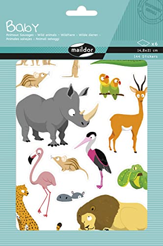Maildor AE228C - Packung mit 6 Bogen Baby Stickers, 14,8x21cm, ideal für DIY-Projekte, 1 Pack, Wildtiere von Maildor