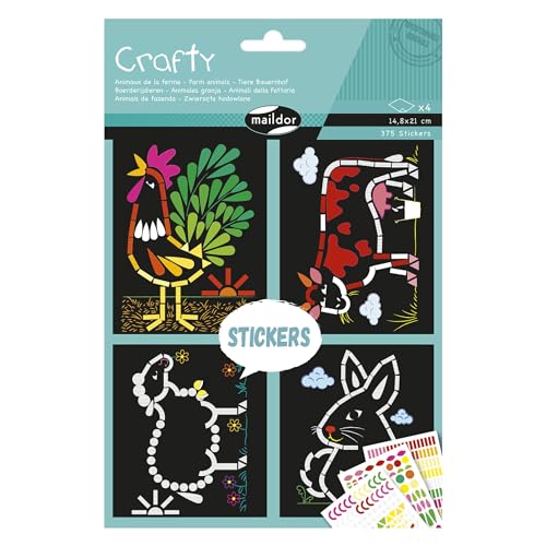 Maildor AF036C - Kreativset Crafty mit 4 Bogen 14,8x21 cm, Hintergrund Schwarz, Tiere aus dem Bauernhof + 3 Bogen geometrische Motiven, 1 Set von Maildor