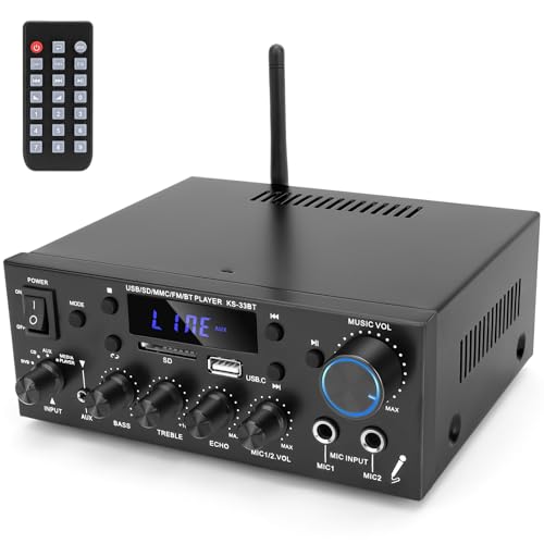 Bluetooth Verstärker Hifi Stereo Amplifier - 2 Kanal 60WX2 Max 600W*2 Mini Audio Verstaerker Digital Endstufe mit Bass Treble Tuner Mikrofonhall für PC Heimkino 12V von Makerfire