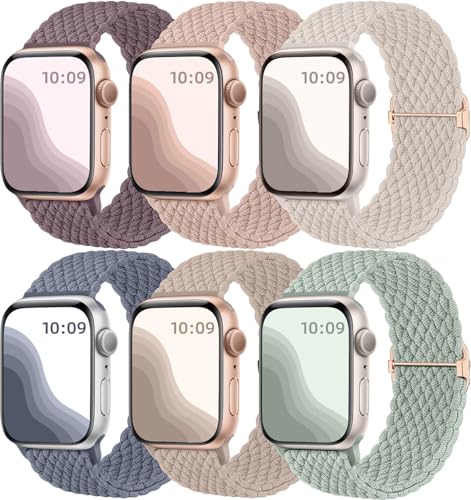 Maledan 6 Stück Geflochtenes Armband Kompatibel mit Apple Watch Armband 44mm 45mm 42mm 46mm 49mm Damen Herren, Elastisches Nylon Sport Solo Loop Band für iWatch SE Series 10 9 8 7 6 5 4 3 2 1 Ultra von Maledan