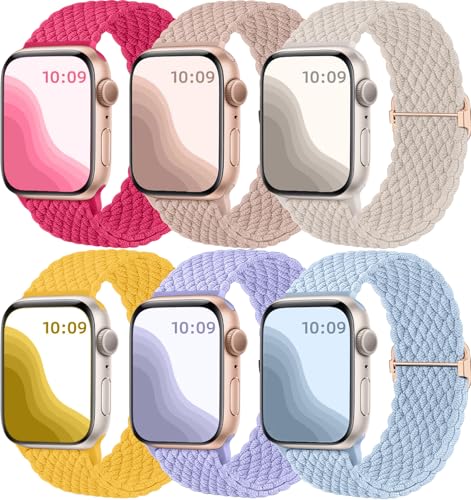 Maledan 6 Stück Geflochtenes Armband Kompatibel mit Apple Watch Armband 44mm 45mm 42mm 46mm 49mm Damen Herren, Elastisches Nylon Sport Solo Loop Band für iWatch SE Series 10 9 8 7 6 5 4 3 2 1 Ultra von Maledan