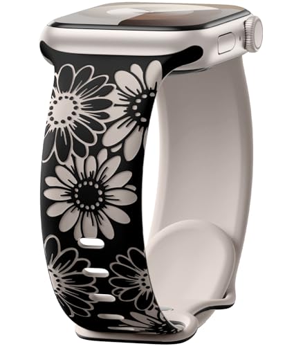 Maledan Floral Gravierte Armband Kompatibel mit Apple Watch Armband 41mm 40mm 38mm 42mm Damen, Zweifarbige Blume Weiches Silikon Sport Band für iWatch SE Series 10 9 8 7 6 5 4 3 2 1,Schwarz/Polarstern von Maledan